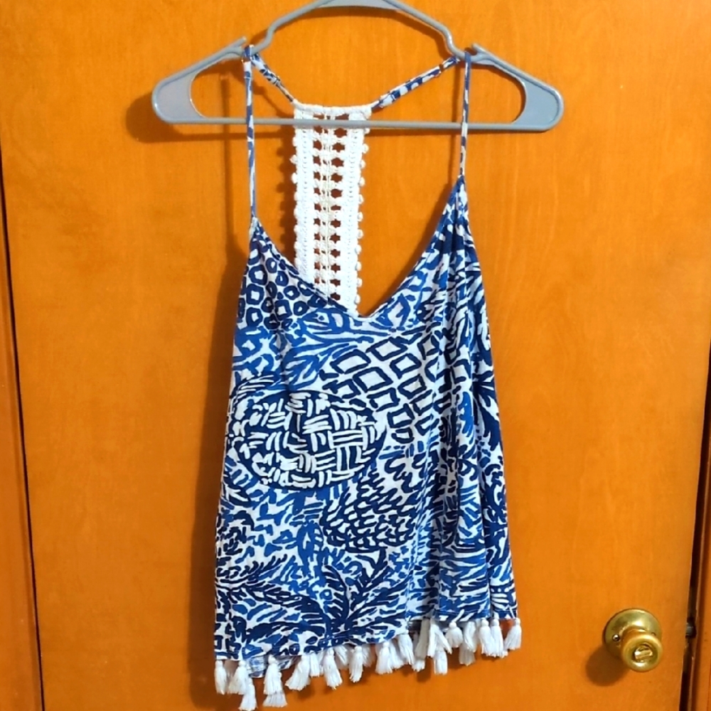 Blue and White Patterned  Lilly Pulitzer Tank Top with Tassels